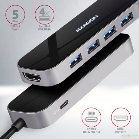 HMC-6H4A Wieloportowy hub 4x USB-A + HDMI, USB-C 3.2 Gen 1, PD 100W, 20cm USB-C kabel [KABEL]