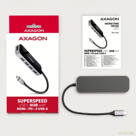 HMC-6H4A Wieloportowy hub 4x USB-A + HDMI, USB-C 3.2 Gen 1, PD 100W, 20cm USB-C kabel [KABEL]