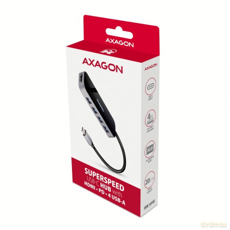 HMC-6H4A Wieloportowy hub 4x USB-A + HDMI, USB-C 3.2 Gen 1, PD 100W, 20cm USB-C kabel [KABEL]