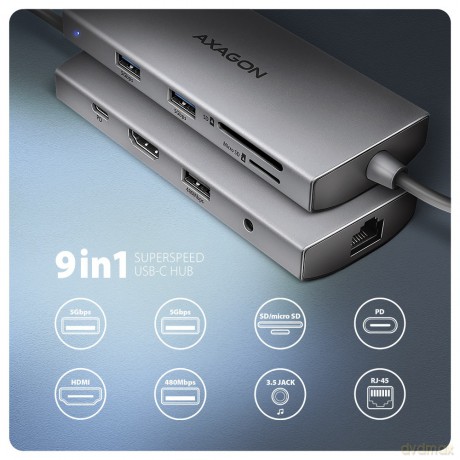 HMC-8HLSA Wieloportowy hub USB-C 3.2 Gen 1 hub, 3x USB-A + 4K/30Hz HDMI + SD/microSD, GLAN, Audio, PD 100W, 20cm USB-C kabel [KABEL]