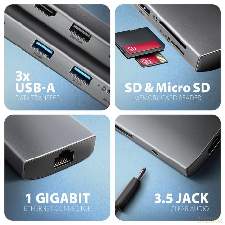 HMC-8HLSA Wieloportowy hub USB-C 3.2 Gen 1 hub, 3x USB-A + 4K/30Hz HDMI + SD/microSD, GLAN, Audio, PD 100W, 20cm USB-C kabel [KABEL]