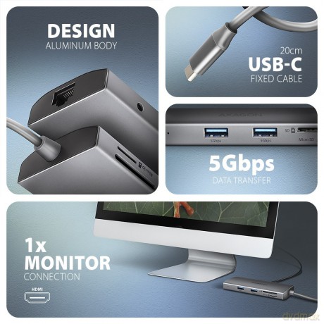 HMC-8HLSA Wieloportowy hub USB-C 3.2 Gen 1 hub, 3x USB-A + 4K/30Hz HDMI + SD/microSD, GLAN, Audio, PD 100W, 20cm USB-C kabel [KABEL]