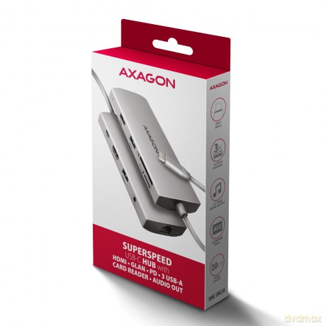 HMC-8HLSA Wieloportowy hub USB-C 3.2 Gen 1 hub, 3x USB-A + 4K/30Hz HDMI + SD/microSD, GLAN, Audio, PD 100W, 20cm USB-C kabel [KABEL]