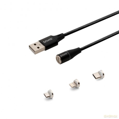 Kabel magnetyczny USB - USB typ C, Micro i Lightning, czarny, 1m, CL-152 [KABEL]
