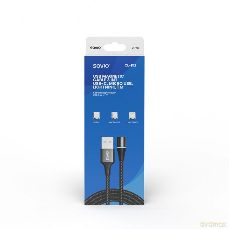 Kabel magnetyczny USB - USB typ C, Micro i Lightning, czarny, 1m, CL-152 [KABEL]