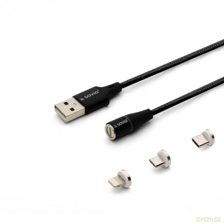 Kabel magnetyczny USB - USB typ C, Micro i Lightning, czarny, 2m, CL-155 [KABEL]