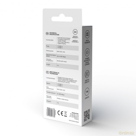Kabel USB - USB C z wyświetlaczem, 60W, 1m, CL-172 [KABEL]
