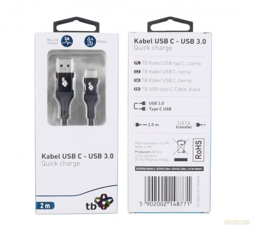 Kabel USB 3.0 - USB C 2m PREMIUM 3A czarny TPE [KABEL]