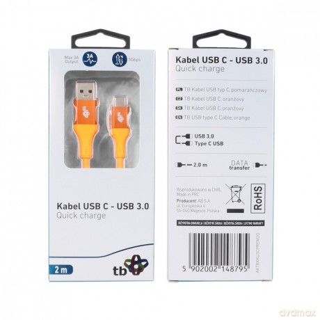 Kabel USB 3.0 - USB C 2m PREMIUM 3A pomarańczowy TPE [KABEL]