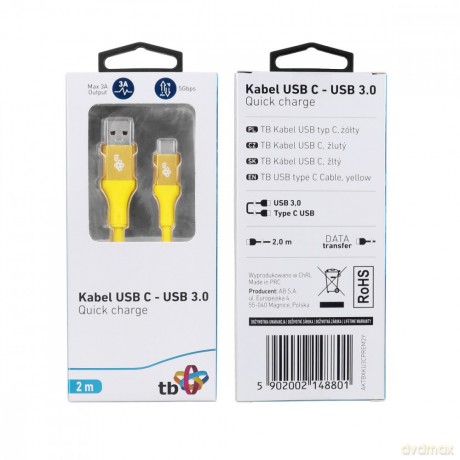 Kabel USB 3.0 - USB C 2m PREMIUM 3A żółty TPE [KABEL]