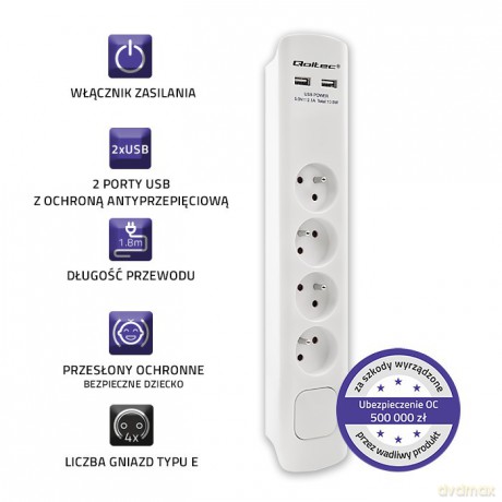 Listwa antyprzepięciowa | 4 gniazda | 2xUSB | 1.8m | Biała