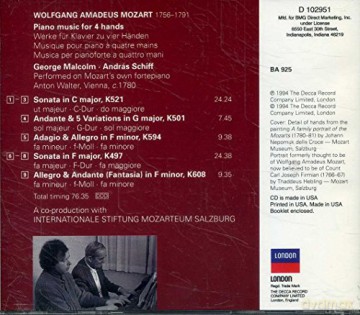 Schiff/Malcolm: Mozart: Pno Music For 4 Hands [CD]