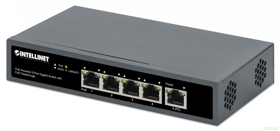 Przełącznik Gigabit 5x PoE Passthrough zasilany PoE lub ACz, 95W