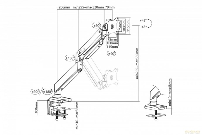 Ramię biurkowe podwójne z zaciskiem, 2xLCD, max. 35", max. obciążenie 2x15kg, ze sprężyną gazową