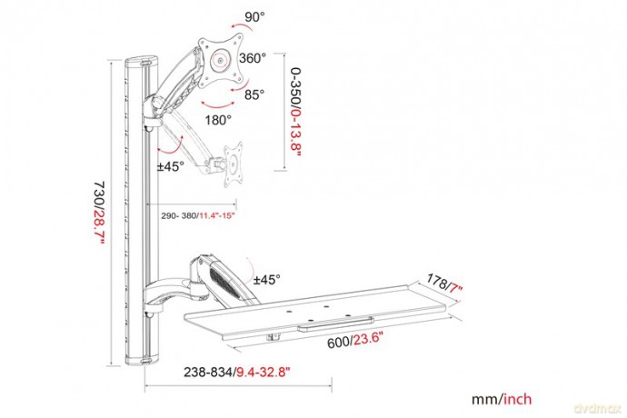 Ramię naścienne pojedyncze, 1xLCD + klawiatura, max. 27", max. 8kg, uchylno-obrotowe 360° (PIVOT)