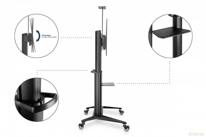 Stojak mobilny pojedynczy z półką i uchwytem na kamerę, 1xLCD max. 120" max. 140kg, VESA max. 1000x600