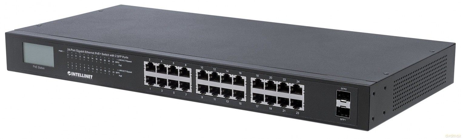 Switch Gigabit 24x RJ45 PoE+, 2x SFP, wyświetlacz LCD