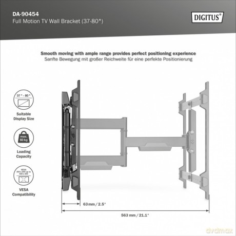 Uchwyt ścienny do TV 37-80" max. obciążenie 60kg, VESA max. 600x400 z regulacją w pionie i poziomie
