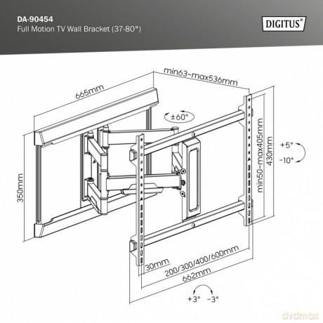 Uchwyt ścienny do TV 37-80" max. obciążenie 60kg, VESA max. 600x400 z regulacją w pionie i poziomie
