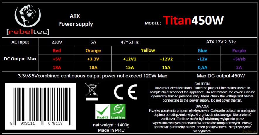 Zasilacz uniwersalny komputerowy ATX ver. 2.31 TITAN 450