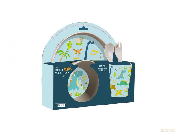 I-Drink - RPET Kids Set with Cup, Bowl, Dish and Cutlery - DINO (ID5301C)