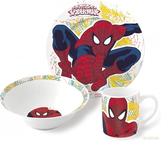 STOR - 3-częściowy zestaw - Spiderman miska deserowa + talerzyk + kubek