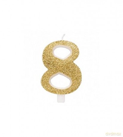 Givi Italia 50838 Numeral Number 8 Glitter Candle, Gold, 9.5 cm