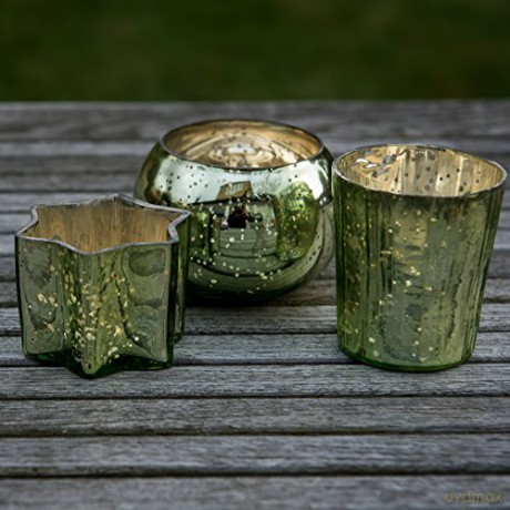 Insideretail Mercury Glass star Tea Light Holders with Distressed Light Green Foill Set of 6