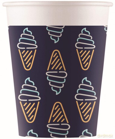 Procos - 90580 Party Cups Neon Flamingo, Unicorn, Ice Cream Cardboard, Pack of 8