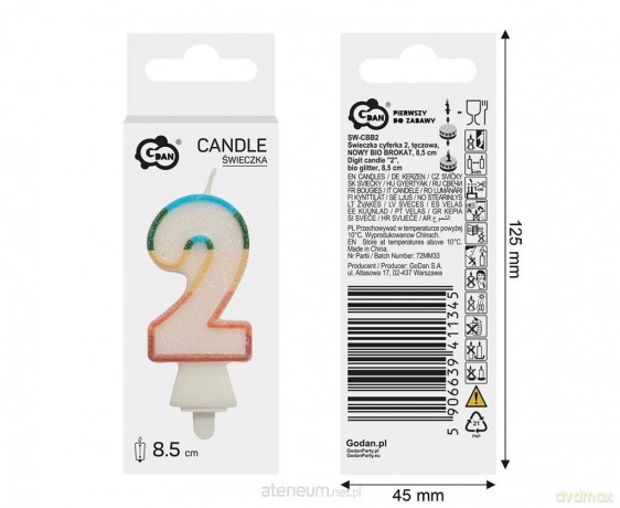 Świeczka cyfra 2 tęczowa 8,5cm
