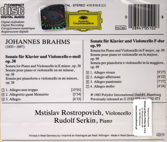 Serkin Rostropovich: Brahms:Cello Sonatas [CD]