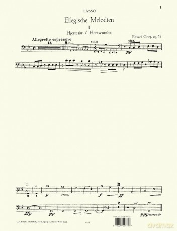 Grieg: Elegiac Melodies Op. 34 bass (EP1930-CB) (Edition Peters) - Edvard Grieg [KSIĄŻKA]