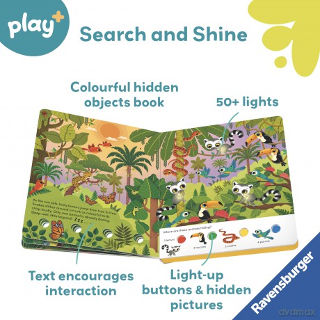 Ravensburger Play+ Search and Shine In The Jungle - Infant Sensory Book - Toddler Activity and Development Gifts - 24 Months+ (2 Years): Light-up, seek and find - Sandra Grimm [KSIĄŻKA]