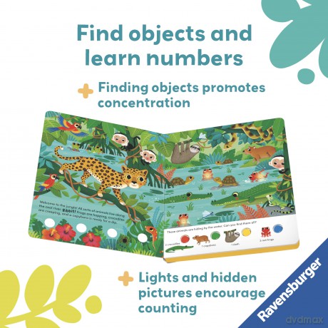 Ravensburger Play+ Search and Shine In The Jungle - Infant Sensory Book - Toddler Activity and Development Gifts - 24 Months+ (2 Years): Light-up, seek and find - Sandra Grimm [KSIĄŻKA]