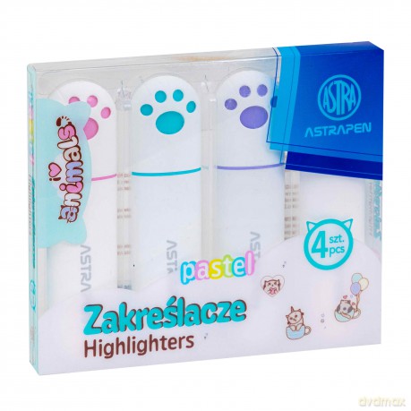 Zakreślacze z łapkami Astrapen Animals pastelowe 4 kolory