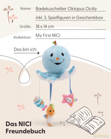NICI Bathing soft toy octopus Octily 18x14cm incl. 3 figurines in gift box 23,5x17x13,5cm