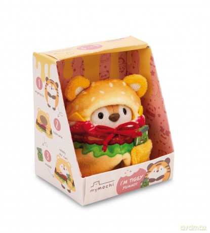 NICI mymochi przytulanka Tygrys Tiggy z kostiumem hamburgera i słoikiem ogórków 8cm z zawieszką