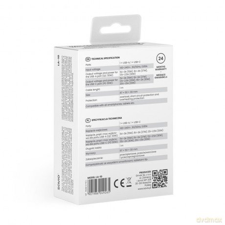Ładowarka sieciowa LA-10 30W Quick Charge Power Delivery 3.0 Biała + Kabel