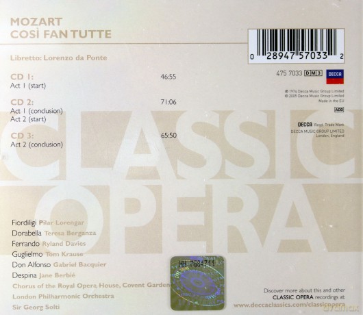 Solti: Mozart:Cosi Fan Tutte [CD]