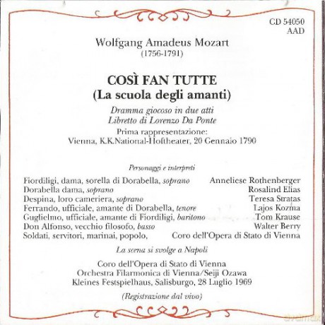 Wolfgang Amadeus Mozart: Cos Fan Tutte [CD]