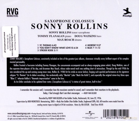 Sonny Rollins: Saxophone Colossus (RVG) [CD]