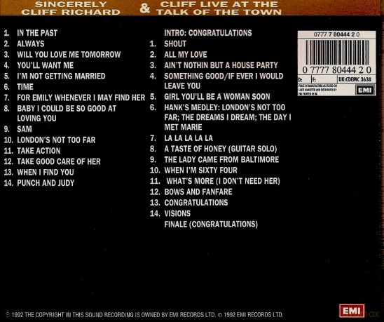 Cliff Richard: Sincerely Cliff Richard/Live At The Talk Of The Town [CD]