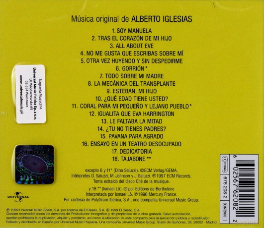 Todo Sobre Mi Madre soundtrack (Wszystko o Mojej Matce) [CD]