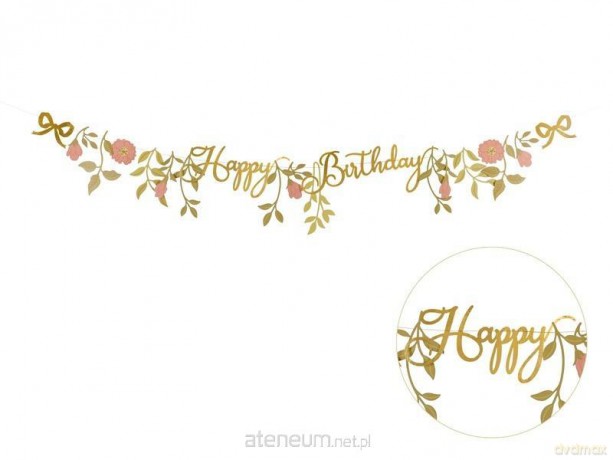 Baner Happy Birthday kwiaty różowo złote 1.3m