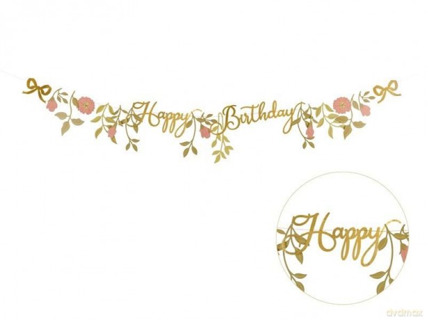 Baner Happy Birthday kwiaty różowo złote 1.3m