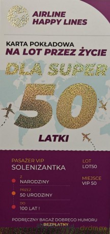 Karnet karta pokładowa 50 urodziny damskie