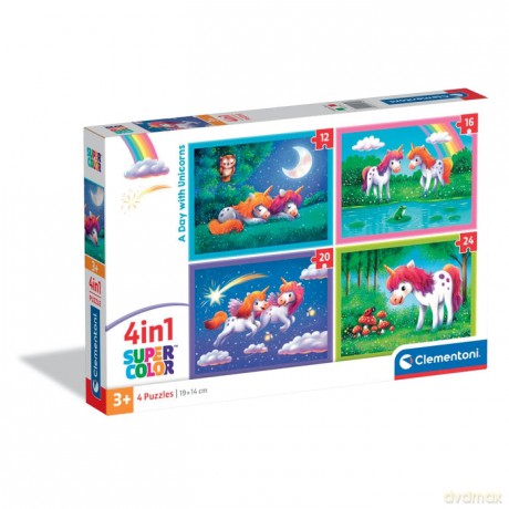 CLEMENTONI 4 w 1 SUPER KOLOR A Day with Unicorns [PUZZLE]