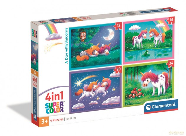 CLEMENTONI 4 w 1 SUPER KOLOR A Day with Unicorns [PUZZLE]