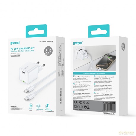 BWOO Ładowarka sieciowa GaN 30W z portem USB-C, z 60W kablem USB C- USB C
