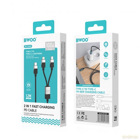 BWOO Pleciony kabel 2 w 1 USB-C do USB-C i Lightning 100W/27W
